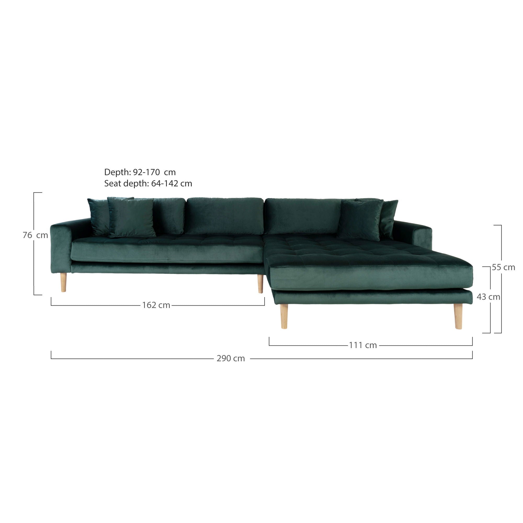 Lido – Ecksofa rechtsseitig, Samt, mit 4 Kissen, 290×170/92×76 cm